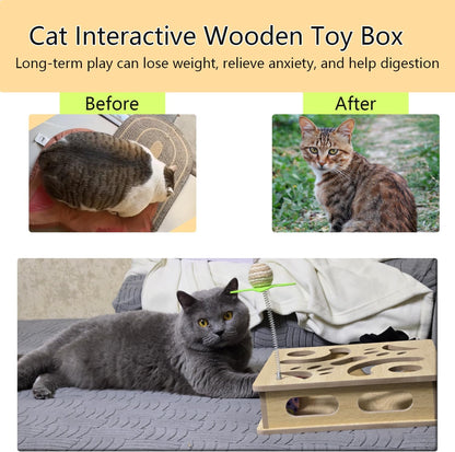 Interactive Wooden Cat Puzzle Toy Box Indoor Hunting Play Toy to Stimulate Your Cat’s Energy and Instincts (Burlywood)