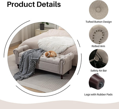 58.1'' Storage Bench Upholstered Linen End of Bedroom Bed Bench Ottoman with Tufted Cushioned Rolled Arm Large Storage Space for Reading Living Room Entryway, Light Brown