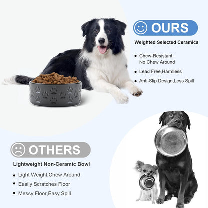 SPUNKYJUNKY Ceramic Dog Bowls 2 Pack, 7.3'' Dog Food Water Double Feeding Bowls Non-Slip for Medium to Large Sized Breed Microwave Dishwasher Safe - 42 OZ, 2pcs, Paw Black