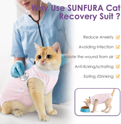 SUNFURA Cat Recovery Suit, Kitten Surgical Full Bodysuit for Abdominal Wound Protector Anti Licking After Surgery, Professional Bandages Cone E-Collar Alternative for Small Male & Female Pets