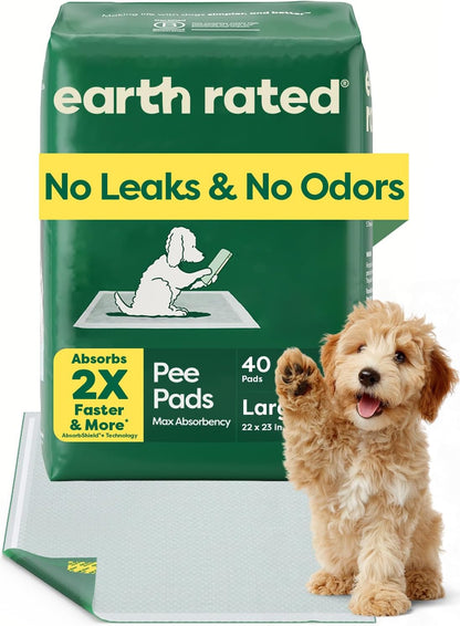 Earth Rated Max Absorbency Puppy Pee Pads for Dogs Absorbs 2X Faster & 2X More, Leak-Proof Odor-Free Potty Training Wee Wee Pad, Unscented, Large, 22” x 23”, 40 Count