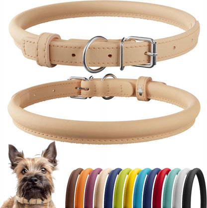 CollarDirect Rolled Leather Dog Collar, Soft Padded Round Puppy Collar, Handmade Genuine Leather Collar Dog Small Large Cat Collars 13 Colors (6 Inch, Beige Smooth)