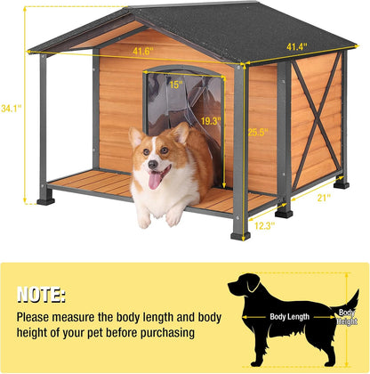 Aivituvin Dog House with Anti-Chewing Metal Frame Outdoor Large Wooden Dog Kennel Outside with Overhang Roof Large Porch Weatherproof