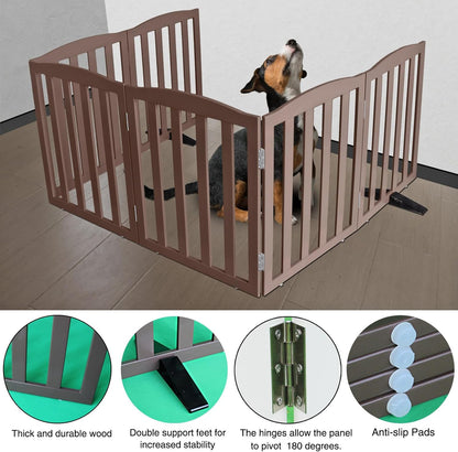 ZJSF Foldable Freestanding Indoor Dog Gate for House Wood Long Pet Gates Dog Fence for Stairs Puppy Gates for Hallways, Puppy Gate,Support Feet Included, Brown, 24 "Height-6 Panels