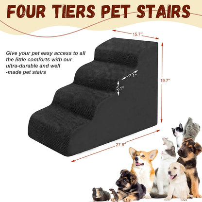 Dog Stairs for Small Dogs - High Density Foam Pet Steps, Extra Wide Dog Ramp with Non-Slip Bottom for High Beds, Couch and Sofa, Best for Dogs Injured, Older Doggy Cats, 4 Steps, Black