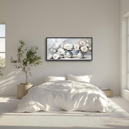 Large Farmhouse Floral Wall Art for Living Room, Framed Oversized White Flower Vase Wall Decor Grey Floral Canvas Painting Pictures Modern Artwork for Bathroom Bedroom Office Dining Room 60"x30"