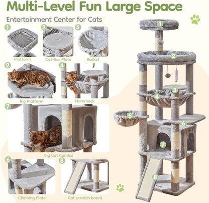 Taoqimiao 72 Inches Cat Tree for Large Cats, Multi-Level Tall Cat Tower, Widened Cat Condo with Large Scratch Board, 5 Scratching Posts, Metal Hammcock, Cozy Basket, Light Gray, MS045W