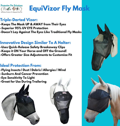 EquiVizor 95% UV Eye Protection (Mini) Standard Horse Fly Mask - Help with Uveitis, Corneal Ulcer, Light Sensitivity. Designed to Stay On Your Horse, Off The Ground.
