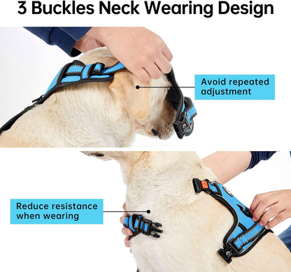 IVY&LANE No Pull Dog Harness for Large Dogs, Dog Vest Harness with Leash, Safety Belt and Storage Strap, Fully Adjustable Harness, 360° Reflective Strip, Soft Handle (Blue,XL)