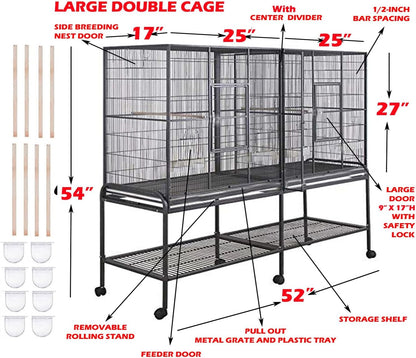 54" Extra Large Double Breeding Flight Bird Wrought Iron Double Parrot Bird Cage Slide Out Center Divider Side Nesting Doors Cockatiel Conure Removalbe Rolling Stand