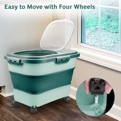 Rice Storage Containers, Collapsible 20 to 30Lbs Food Storage Bin Dispenser with Rolling Wheel and Clear Airtight Lid, BPA Free Flour, Sugar, Cereal and Dog Cat Pet food Containers