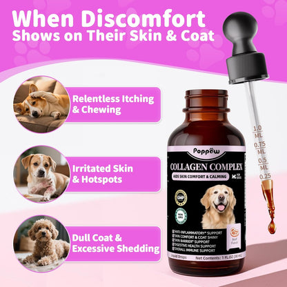 Liquid Collagen for Dogs Skin Comfort & Calming, Dog Itch Relief & Anti-Scratching & Coat Supplement with Biotin for Skin Barrier & Sensitive Immune Health Support - Beef Flavor, 2 FL.Oz