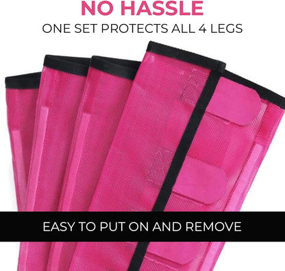 Mesh Horse Fly Boots Set of 4，Adjustable and Universal Loose Fitting & Non-Slip Horse Fly Leggings for Horses,Reduce Stressful Stomping (Pink)