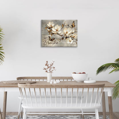 Floral Magnolia Bathroom Pictures Wall Art, Just Breathe Bathroom Wall Decor, Flower Butterfly Framed Painting Canvas Artwork for Bedroom Living Room Decorations 16"L x 12"W