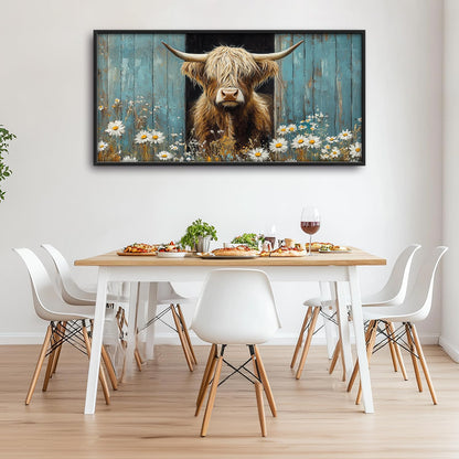 Large Farmhouse Highland Cow Country Wall Art for Living Room, Floral Canvas Oversized Wall Decor, Daisy Flower Animal Framed Pictures Painting Print Artwork for Bedroom Office 60"L x 30"W