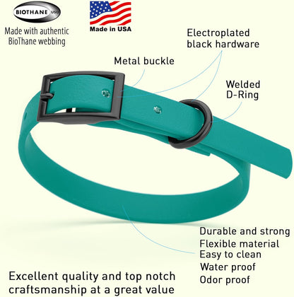 Dogline Biothane Waterproof Dog Collar Strong Coated Nylon Webbing with Black Hardware Odor- Proof for Easy Care Easy to Clean High Performance Fits Small Medium or Large Dogs, Blue Aqua