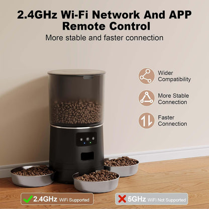 3-Cat Automatic Pet Feeder, 6L WiFi Cat Food Dispenser with APP Control, 1-10 Meal Programmable, Voice Recorder, Smart Alerts, Stainless Steel Bowls for Cats and Small Dogs (Black)