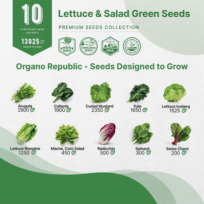 Organo Republic 10 Lettuce & Salad Greens Seeds Variety Pack 13000+ Non-GMO Heirloom Lettuce Seeds for Planting Indoors & Outdoors Garden, Hydroponics - Arugula, Radicchio, Kale, Spinach, Swiss Chard