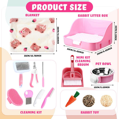 15 Pcs Rabbit Starter Kit Small Rabbit Litter Box Animal Grooming Kit Bunny Toys Bowl Blankets with Cleaning Set for Guinea Pig Accessories(Pink)