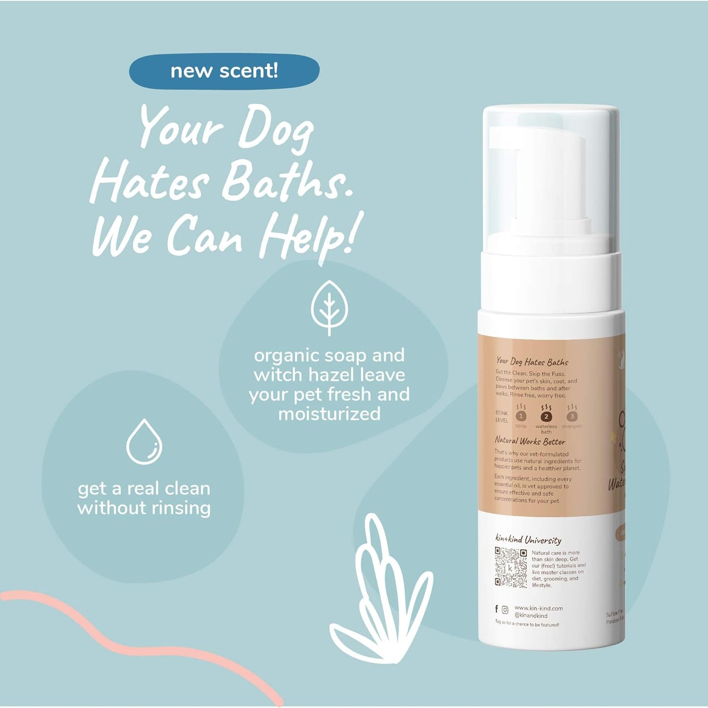kin+kind Waterless Dry Shampoo for Dogs - Rinse-Free, Eliminate Itch and Odor, Natural Formula with Witch Hazel, Coconut Oil, Olive Oil, Almond and Vanilla - Made in USA