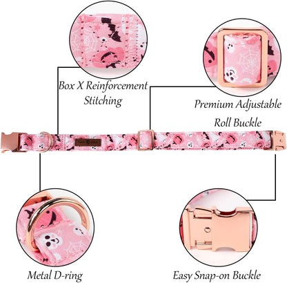 Lionet Paws Halloween Dog Collar, Cute Fall Pink Dog Collar for Large Dogs, Adjustable Cotton Pumpkin Ghost Pet Collars for Medium Large Dogs