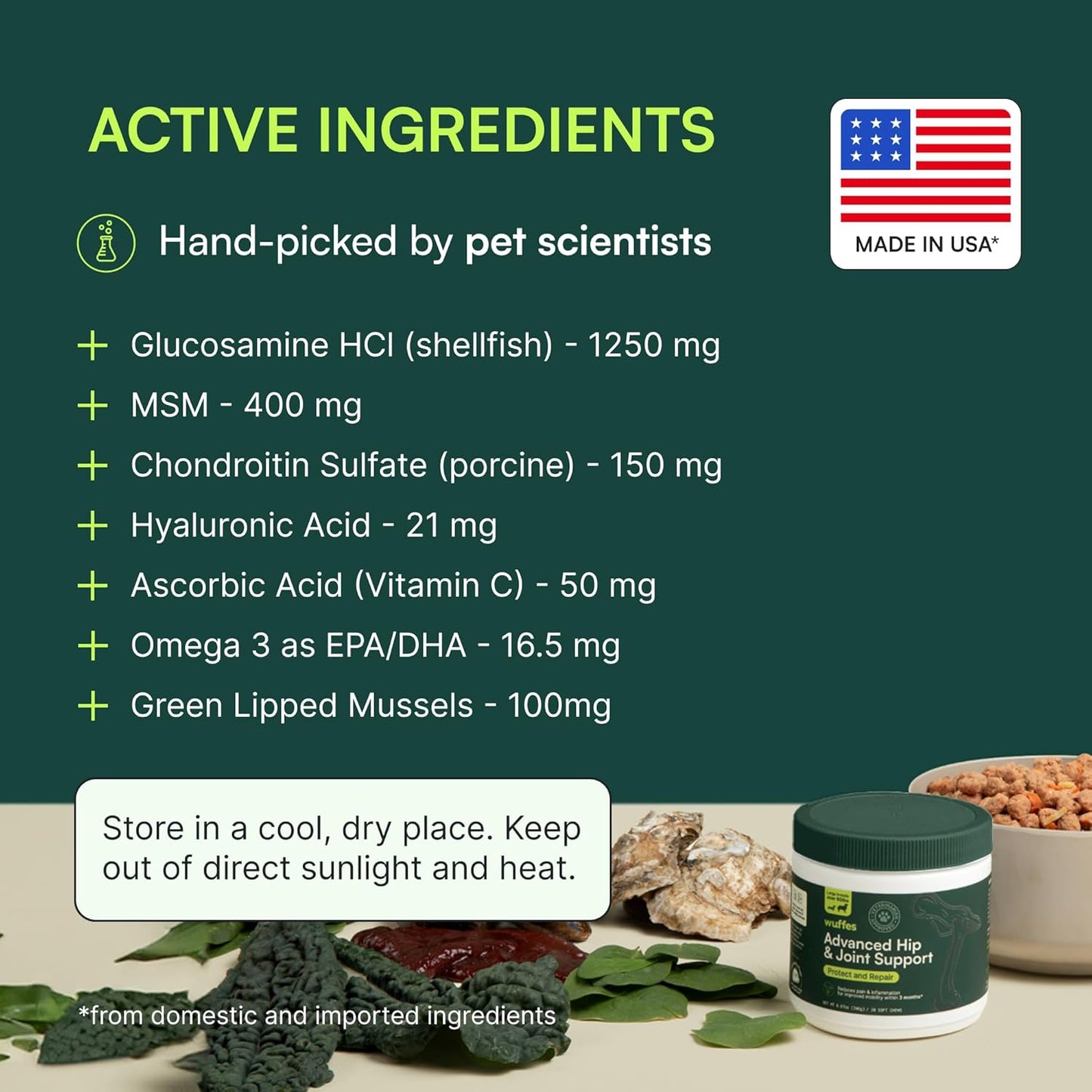 Wuffes Advanced Dog Hip and Joint Supplement with Glucosamine, Chondroitin, Omega 3, MSM, and Green Lipped Mussel, 30 Pork Flavored Chews for Large Dog Breeds