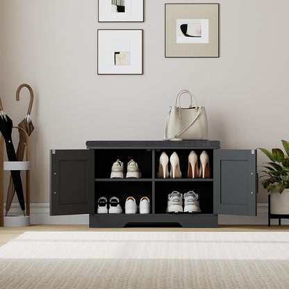 2-Tier Storage Bench, Shoe Bench with Padded Seat Cushion, Entryway Bench with 2 Barn Doors, Adjustable Shelf, 13.8" D x 27.6" W x 17.7" H, for Entryway, Living Room, Bedroom, Black