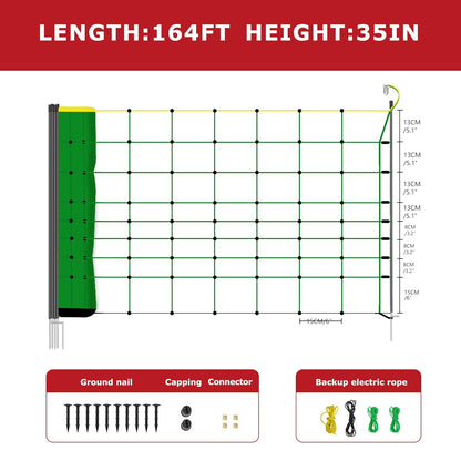 Electric Fence Netting, 164'L x 35.4" H Electric Fence Kit for Livestock, Goat, Dog, Hogs, Double Spiked Portable Electric Poultry Farm Fence, Electric Mesh Fence