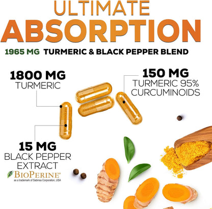 Turmeric Curcumin Supplement 1950mg - 95% Curcuminoids with Organic Turmeric & BioPerine Black Pepper Extract for Best Absorption, Nature's Vegan Joint Support, Non-GMO, Bottled in USA - 120 Capsules