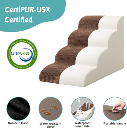 Dog Stairs for Small Dogs 19.7" H, Curved Dog Step for Puppy, Older or Cat, Medium Pet Ramp for Sofa, Couch or Bed, Ladder with High Density Foam, 15.7x28.3x19.7 inch, 4 Step, Brown