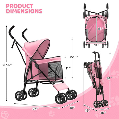 Magshion Compact Pet Stroller for Small-Medium Dogs/Cats up to 22lbs, 4-Wheel Lightweight Umbrella Shaped Portable Puppy Travel Jogger with Breathable Mesh & Rear Storage, Pink