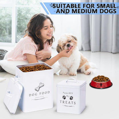 Meraki Home Small Dog Food Container and Dog Treats Container - Tight Lids - Feed Scoop and Pet Food Bowl - Farmhouse Metal Storage Bin - Glossy White