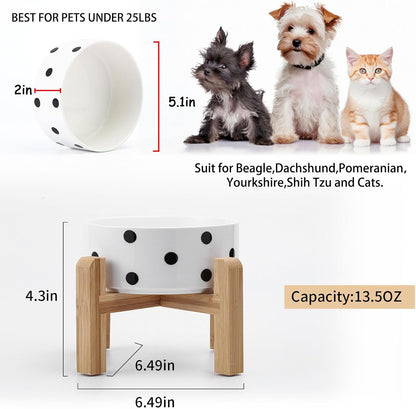 Petygooing Elevated/Raised Ceramic Dog Bowl for Small Breeds, Dog Food Water Dish with Stand,Pet Feeding Bowl with Anti Slip Rubber for Cats and Small Dogs Puppy 13.5 OZ (5.1In / 1.7 Cups) Black Dot