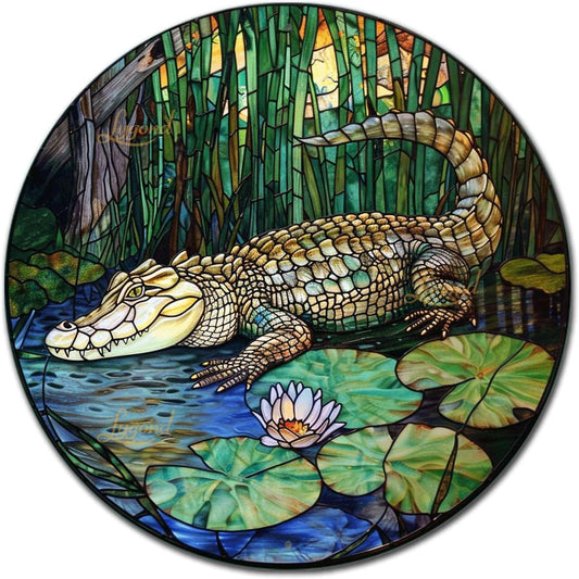 Lygond Metal Sign Tin Sign Circular Stained Glass Crocodile Restroom Tin Sign for Yard 12×12 Inches