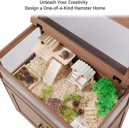 unipaws Hedgehog Cage with Storage Cabinet, Hamster Cage for Rat and Guinea Pigs, Clear Transparent PVC Visual Small Animal Cage with Tray, Hamster Enclosure, Walnut