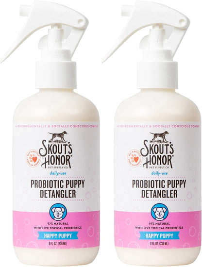 Skout's Honor Pet Detangler Spray - Hydrating & Conditioning with Avocado Oil & Probiotics, 97% Natural, Paraben & Sulfate-Free, softens for a More brushable Coat, Daily Use, 8oz, Happy Puppy, 2-Pack