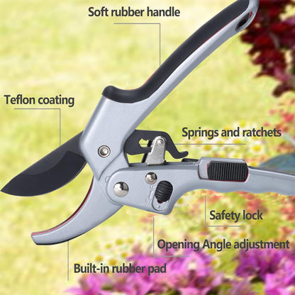 Garden clippers, premium Germany pruners, Work 3 times easier, professional ratchet pruning shears, cutting rose, flower, hedge, stem, tree, Sharp gardening scissors, Arthritis weak hand snips