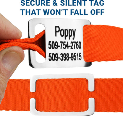 GoTags Personalized Dog Collar with Nameplate, Adjustable Dog Collar with Custom Engraved Slide On Pet ID Tag in Stainless Steel, Silent, No Noise Dog Tag for Large Medium and Small (Orange, Large)