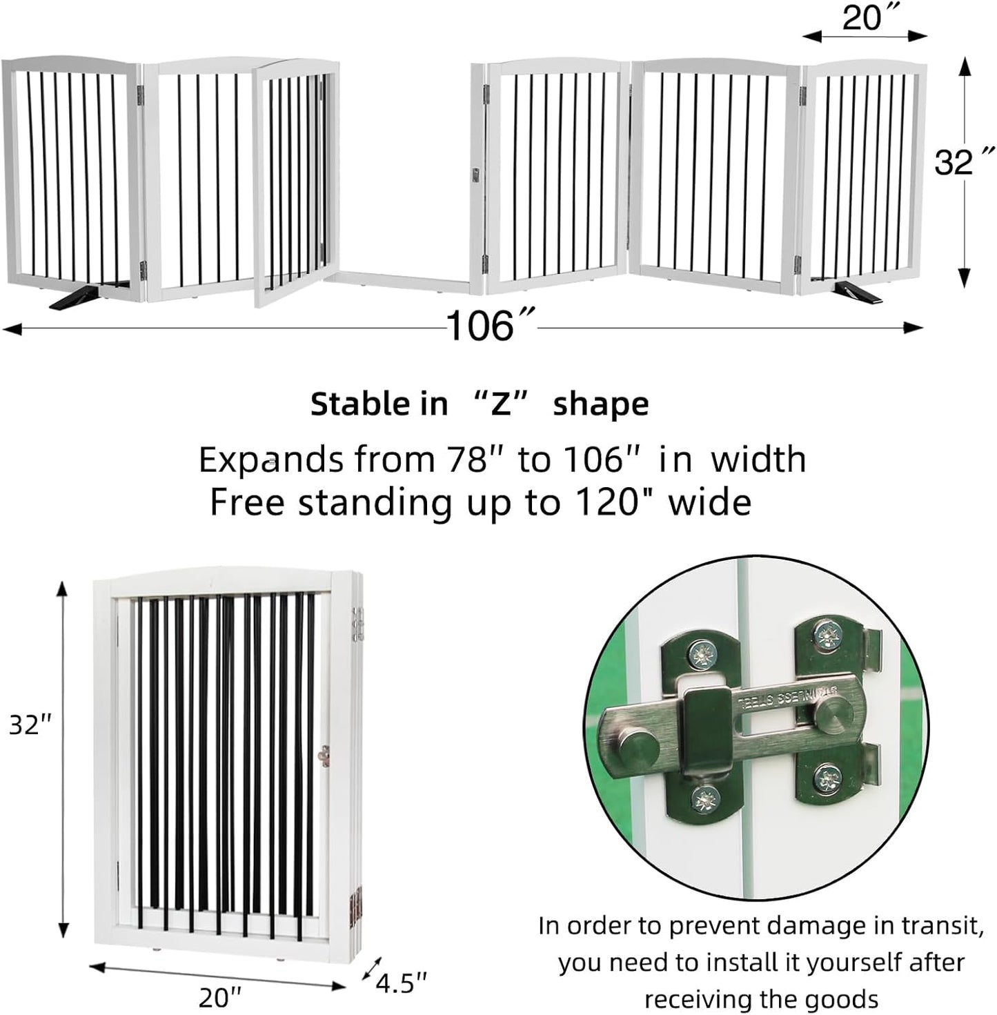 ZJSF Foldable Indoor Dog Door with Walk Through Door, Freestanding Pet Door for The House,Doorways, Stairs, Pet Puppy Safety Fence with Support Feet, White 6 Panels 120" Wide 32''Height