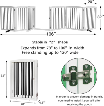 ZJSF Foldable Indoor Dog Door with Walk Through Door, Freestanding Pet Door for The House,Doorways, Stairs, Pet Puppy Safety Fence with Support Feet, White 6 Panels 120" Wide 32''Height
