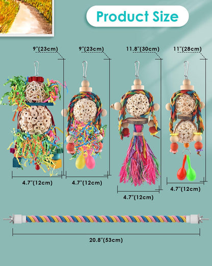 Bissap Conure Toys, 5 PCS Bird Foraging Shredder Hanging Swing Rope Perch Toys Sola Balls with Sand Hammer for Small Parrots Parakeets Conures Cockatiels Love Birds Cage Toy