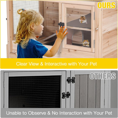 AIVITUVIN Wooden Guinea Pig Cage Indoor with Cooling Plate and Anti-Chewing Edges Two-Story Rabbit Hutch Pull Out Tray Outdoor Rabbit Cage with Raised Stand and Wire Mesh Small Animals Cage (Nature