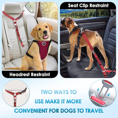 SlowTon Dog Seat Belt for Car, 2 Pack Dog Car Harness Seatbelt Adjustable with Elastic Bungee Buffer, 2 in 1 Pet Car Leash Headrest Restraint Dog Reflective Safety Tether (Red, Headrest+Clip)