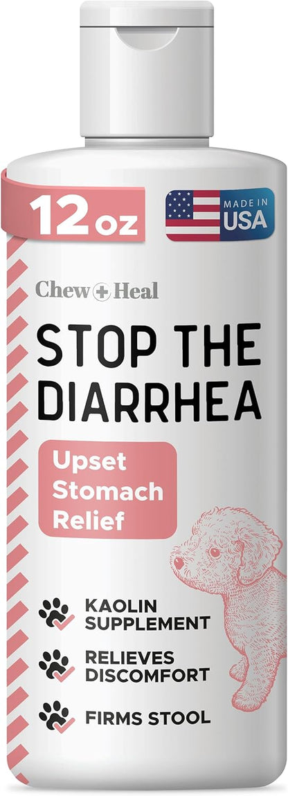 Chew + Heal Labs Anti Diarrhea for Dogs - 12 oz. of Stop The Diarrhea Liquid Supplement with Kaolin for Upset Stomach Relief - Made in The USA
