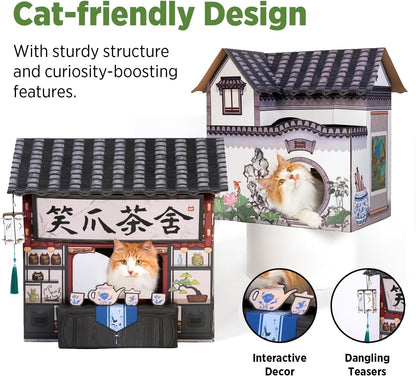 Cat Beds for Indoor Cats, Cardboard House with Scratchers, Tea House, Large Sturdy Cat Furniture Condo Cave Tent, Easy to Assemble Pet Toys Accessories Stuffs, Bunny Small Animals