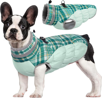 FUAMEY Dog Coat for Small Dogs,Waterproof Dog Winter Jacket with Harness Built in Puppy Cold Weather Coats Reflective Pet Vest with Zipper Warm Fleece Dogs Snowsuit Windproof Green Plaid S