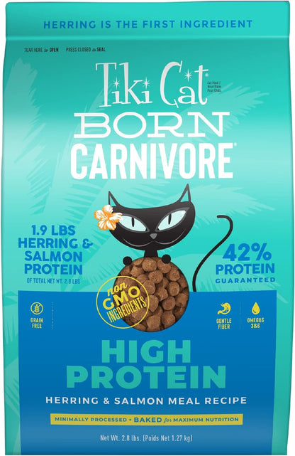 Tiki Cat Born Carnivore High Protein Dry Cat Food, Herring & Salmon Meal, 2.8 lbs. Bag