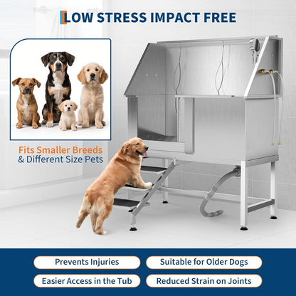 50" Stainless Steel Professional Dog Washing Station - Pet Bathing Tub w/Non-Slip Stairs | Slip-Resistant Floor Grate | for Large/Medium/Small Dogs