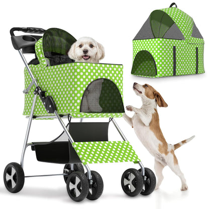 Magshion Foldable Pet Stroller, 3-in-1 Dog Travel Jogger with Detachable Carrier, Cup Holder, Storage Basket, Folding Carrier for Small/Medium Dogs & Cats Up to 33 lbs, Lawn Green Polka Dots