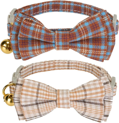 2 Pack Soft Cotton Cat Collars with Bowtie and Bell Breakaway Plaid Cat Kitten Collar(Beige and Amber)